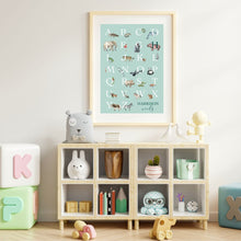 Load image into Gallery viewer, Personalised Kids' Animal Alphabet Poster in a soft green colour. Featuring watercolour animals corresponding to the alphabet. Personalised with a child's full name. Featured on wall of children's room.