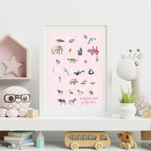 Load image into Gallery viewer, Personalised Kids' Animal Alphabet Poster in a neutral, sand colour. Featuring watercolour animals corresponding to the alphabet. Personalised with a child's full name. Featured on shelf with toys.