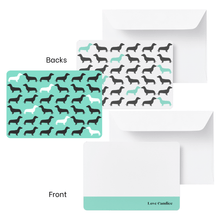Load image into Gallery viewer, Personalised notecard & plain envelope set featuring a Dachshund dog silhouette repeating pattern.