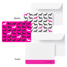 Load image into Gallery viewer, Personalised notecard & plain envelope set featuring a Dachshund dog silhouette repeating pattern.
