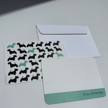 Load image into Gallery viewer, Personalised notecard & luxury envelope set featuring a Scottish Terrier dog silhouette repeating pattern.