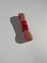 Load image into Gallery viewer, Striped grosgrain premium ribbon roll with bright pinks and green stripes. Add a pop of colour and style to elevate your gift wrapping.
