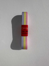 Load image into Gallery viewer, Striped grosgrain premium ribbon roll with pastel hues in candy floss pink, yellow, and lilac stripes. Add a touch of colour and style to elevate your gift wrapping.