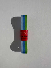 Load image into Gallery viewer, Striped grosgrain premium ribbon roll with tropical blues and green stripes. Add a pop of colour and style to elevate your gift wrapping.