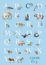Load image into Gallery viewer, Personalised Kids' Animal Alphabet Poster in a soft blue colour. Featuring watercolour animals corresponding to the alphabet. Personalised with a child's full name.
