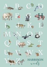 Load image into Gallery viewer, Personalised Kids' Animal Alphabet Poster in a soft green colour. Featuring watercolour animals corresponding to the alphabet. Personalised with a child's full name.