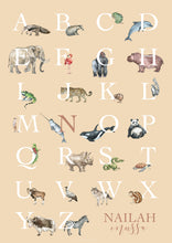 Load image into Gallery viewer, Personalised Kids' Animal Alphabet Poster in a neutral, sand colour. Featuring watercolour animals corresponding to the alphabet. Personalised with a child's full name.