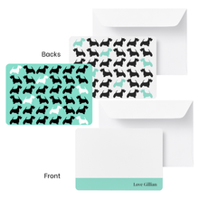 Load image into Gallery viewer, Personalised notecard &amp; luxury envelope set featuring a Scottish Terrier dog silhouette repeating pattern. 
