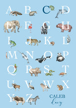 Load image into Gallery viewer, Personalised Kids&#39; Animal Alphabet Poster in a soft blue colour. Featuring watercolour animals corresponding to the alphabet. Personalised with a child&#39;s full name.
