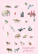 Load image into Gallery viewer, Personalised Kids' Animal Alphabet Poster in a neutral, sand colour. Featuring watercolour animals corresponding to the alphabet. Personalised with a child's full name.
